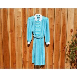 Vintage 1980s 1990s Samantha Stevens Petites Turquoise Herringbone Print Dress